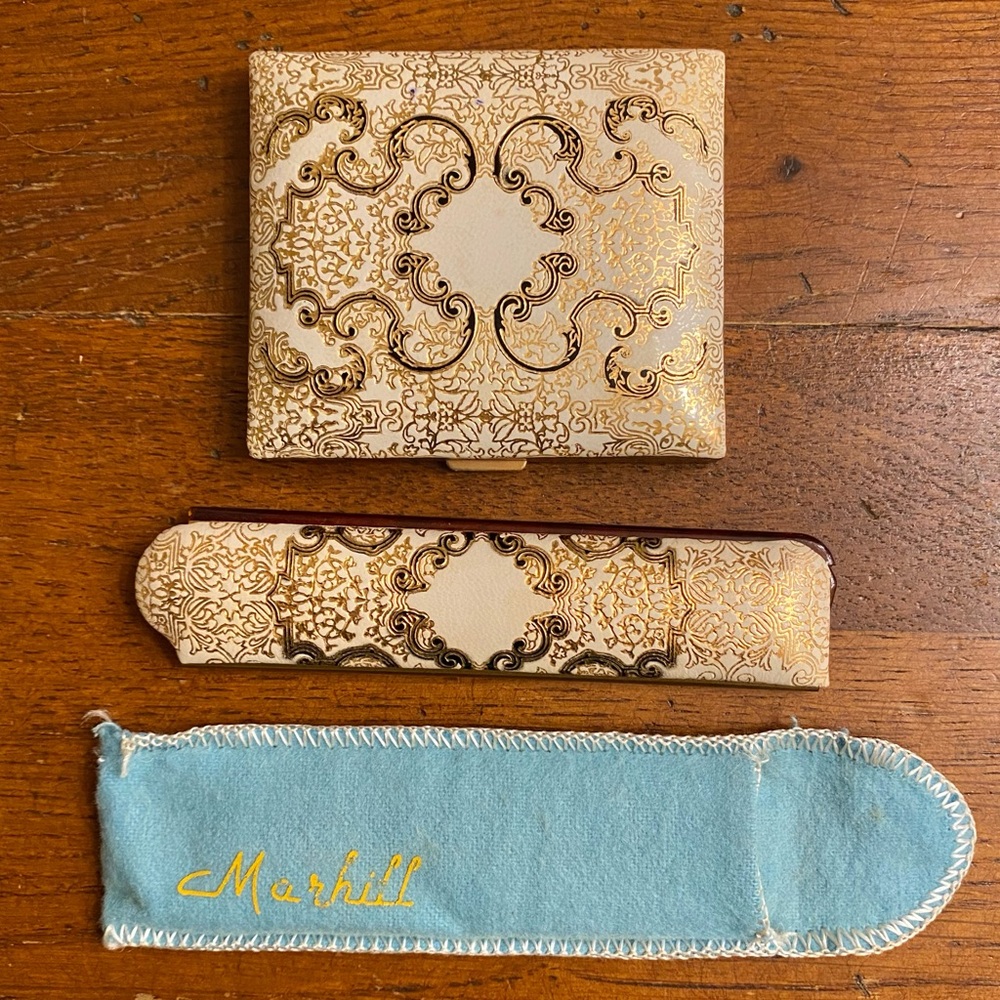 VTG Marhill Fifth Avenue Compact W Mirror & Foldable Comb Padded Gold Swirl MCM